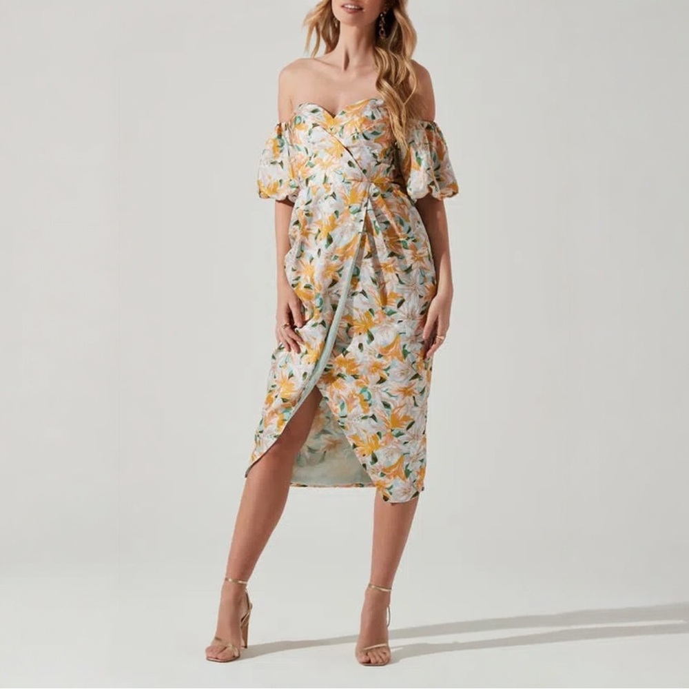 ASTR Floral Strapless Midi Dress Puff Sleeve Sweetheart Slit Yellow Green S - Picture 4 of 16